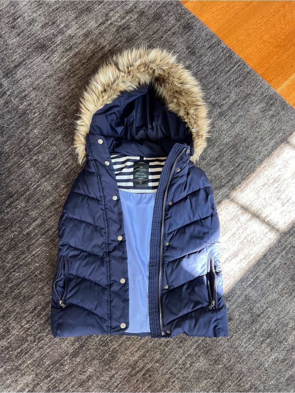 GAP Navy Puffer Vest with Faux Fur Removable Hood
